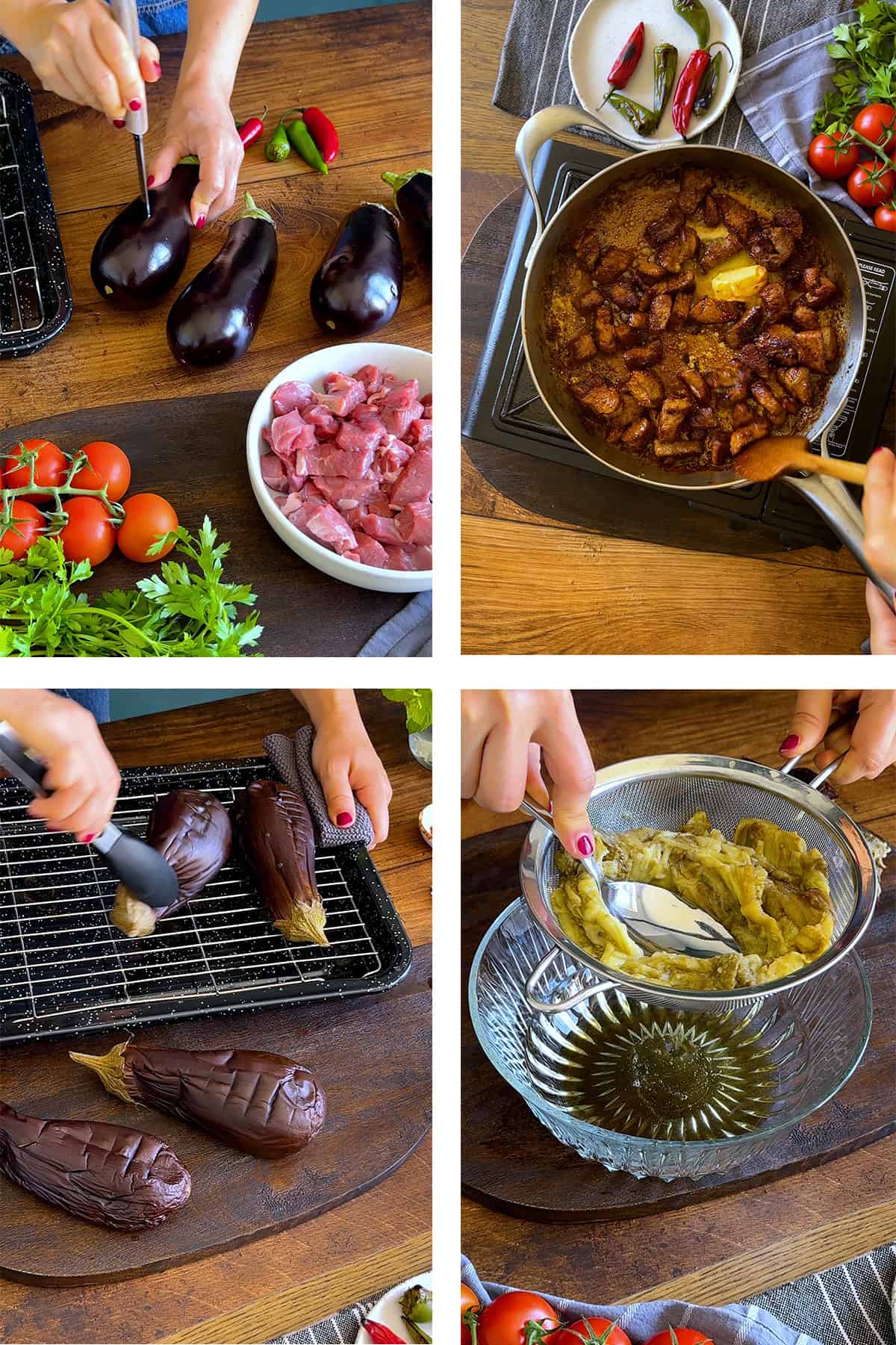 Four-step collage showing the preparation of Ali Nazik Kebab, including piercing eggplants, cooking lamb, peeling roasted eggplants, and straining the eggplant flesh.