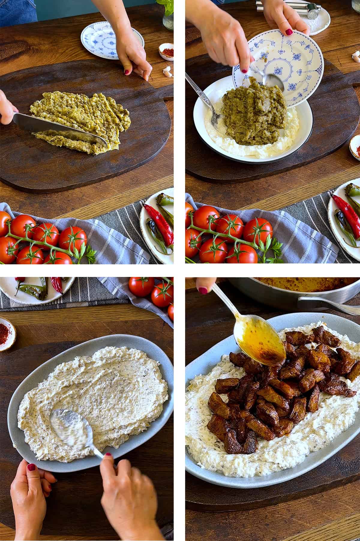 Four-step collage showing chopped roasted eggplant, mixing it with yogurt, spreading the mixture on a serving plate, and topping it with cooked lamb.