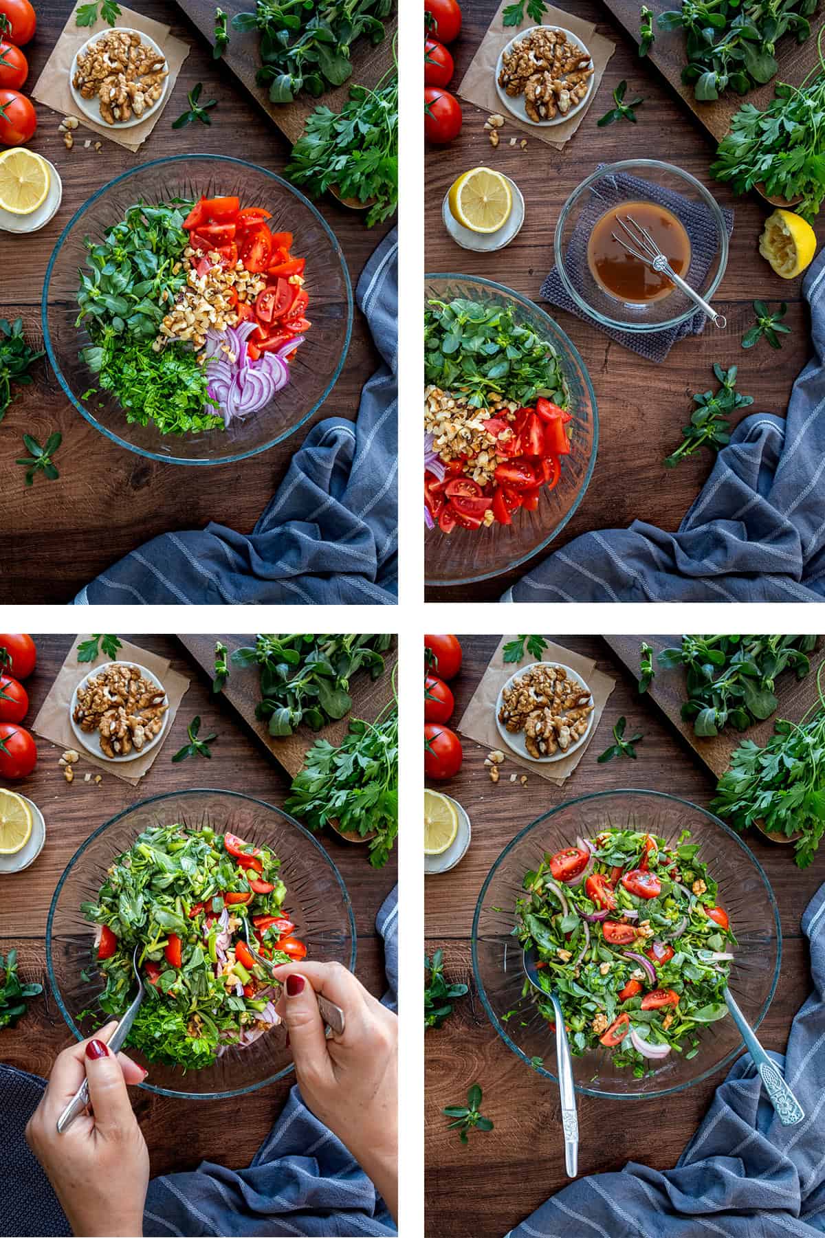 Four-step collage showing how to make Turkish purslane salad.