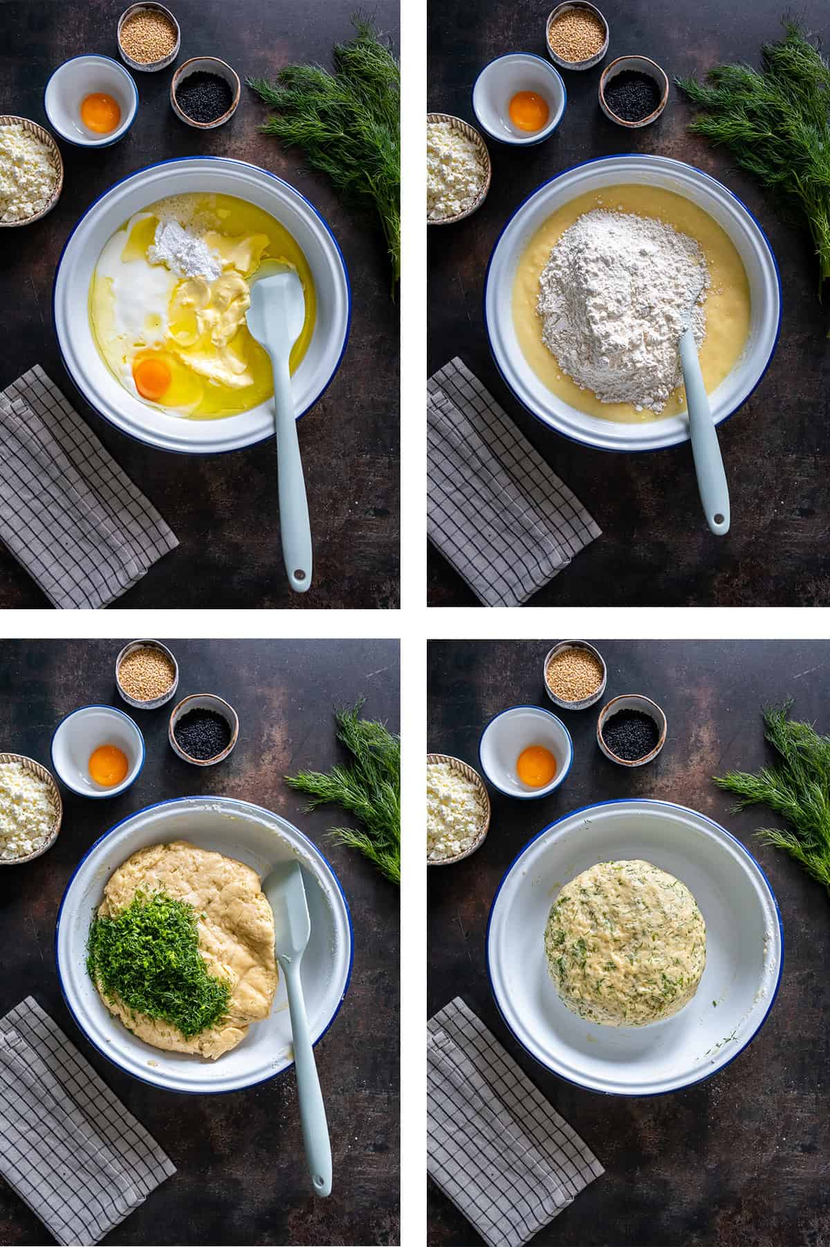 Step-by-step photos showing how to make the dough for Turkish pogaca with dill (dereotlu pogaca) by mixing the wet ingredients, adding the flour, mixing in the chopped dill, and forming the finished dough.