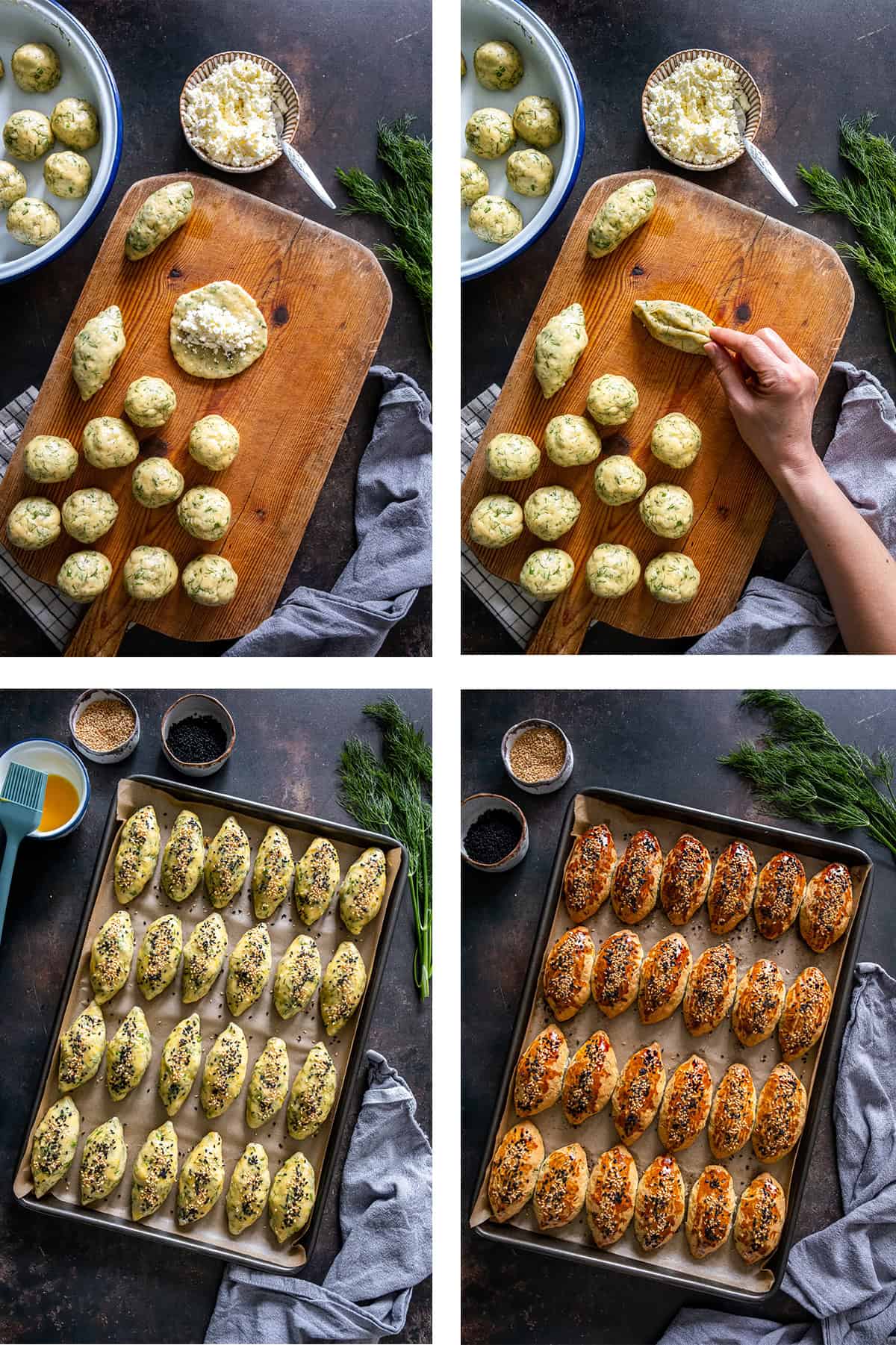 Step-by-step photos showing how to shape and bake Turkish pogaca with dill (dereotlu pogaca), including filling the dough with feta cheese, sealing the edges, brushing with egg wash, and baking until golden brown.