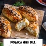 Turkish pogaca with dill (dereotlu pogaca) topped with sesame and nigella seeds, with one pastry halved open to show the feta cheese filling.