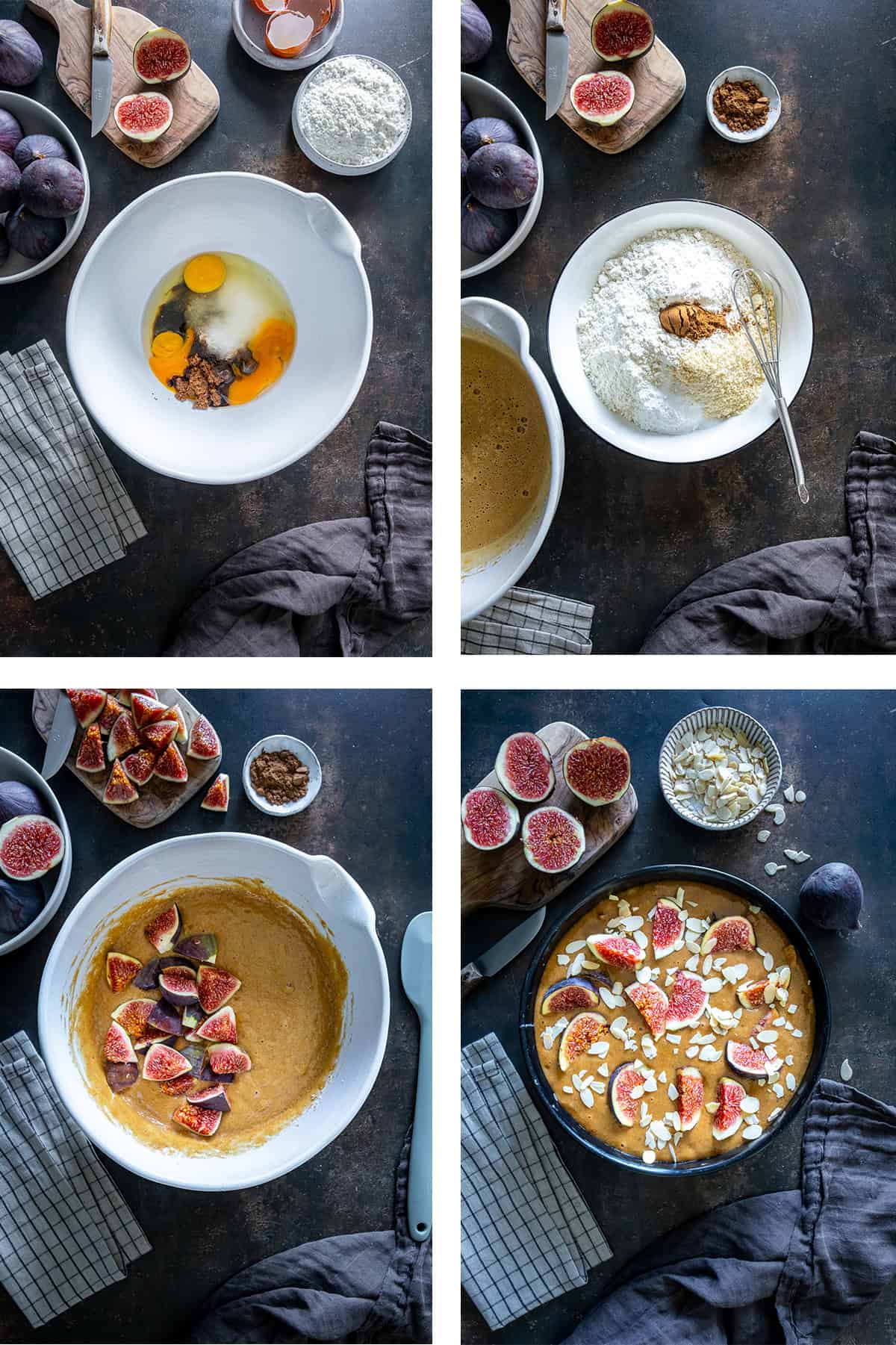 Step-by-step photos showing how to make fresh fig cake, from mixing the batter to adding fresh figs and flaked almonds.
