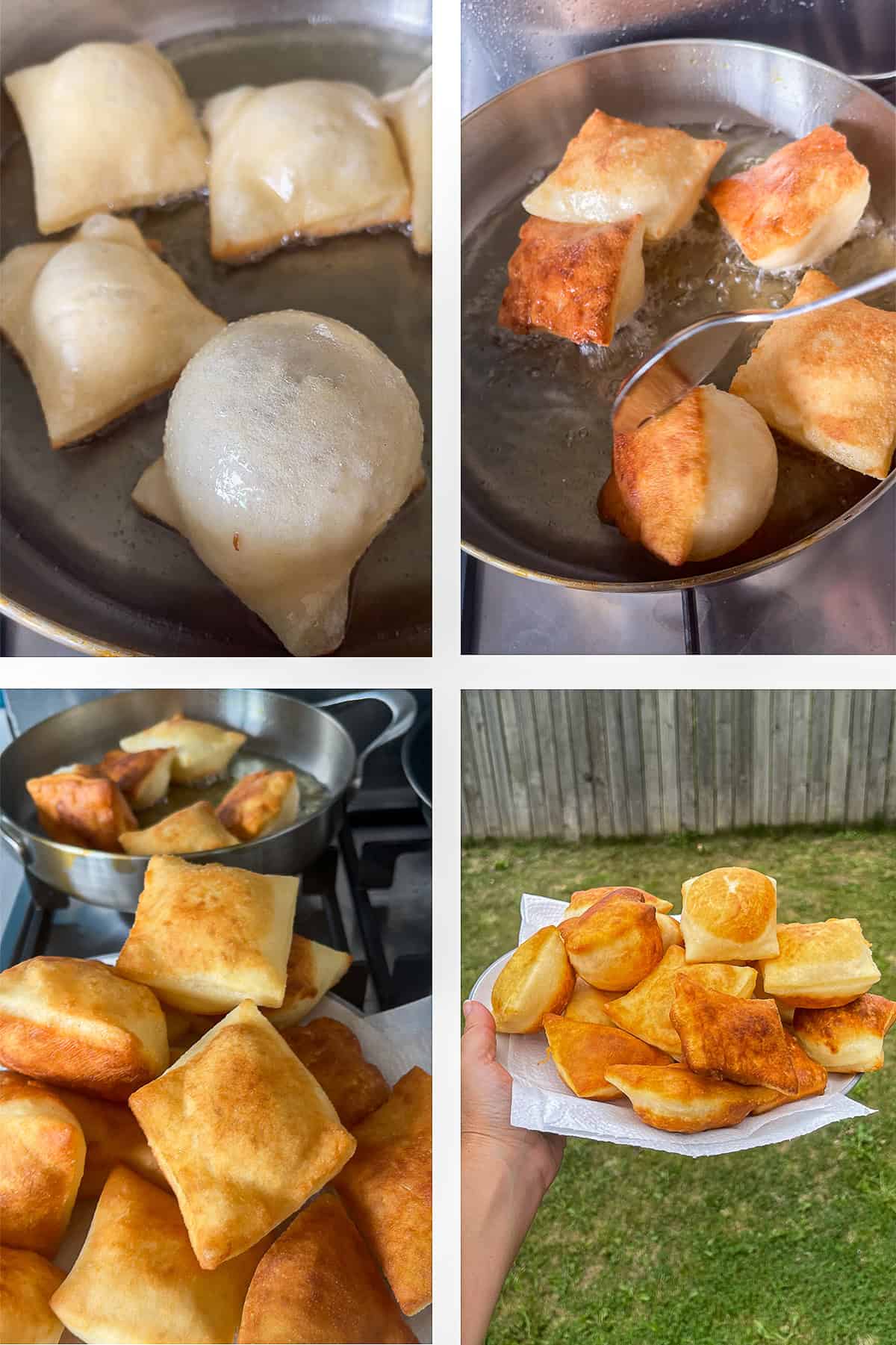 Step-by-step collage showing Turkish pişi puffing and turning golden as it fries, then draining on paper towels.