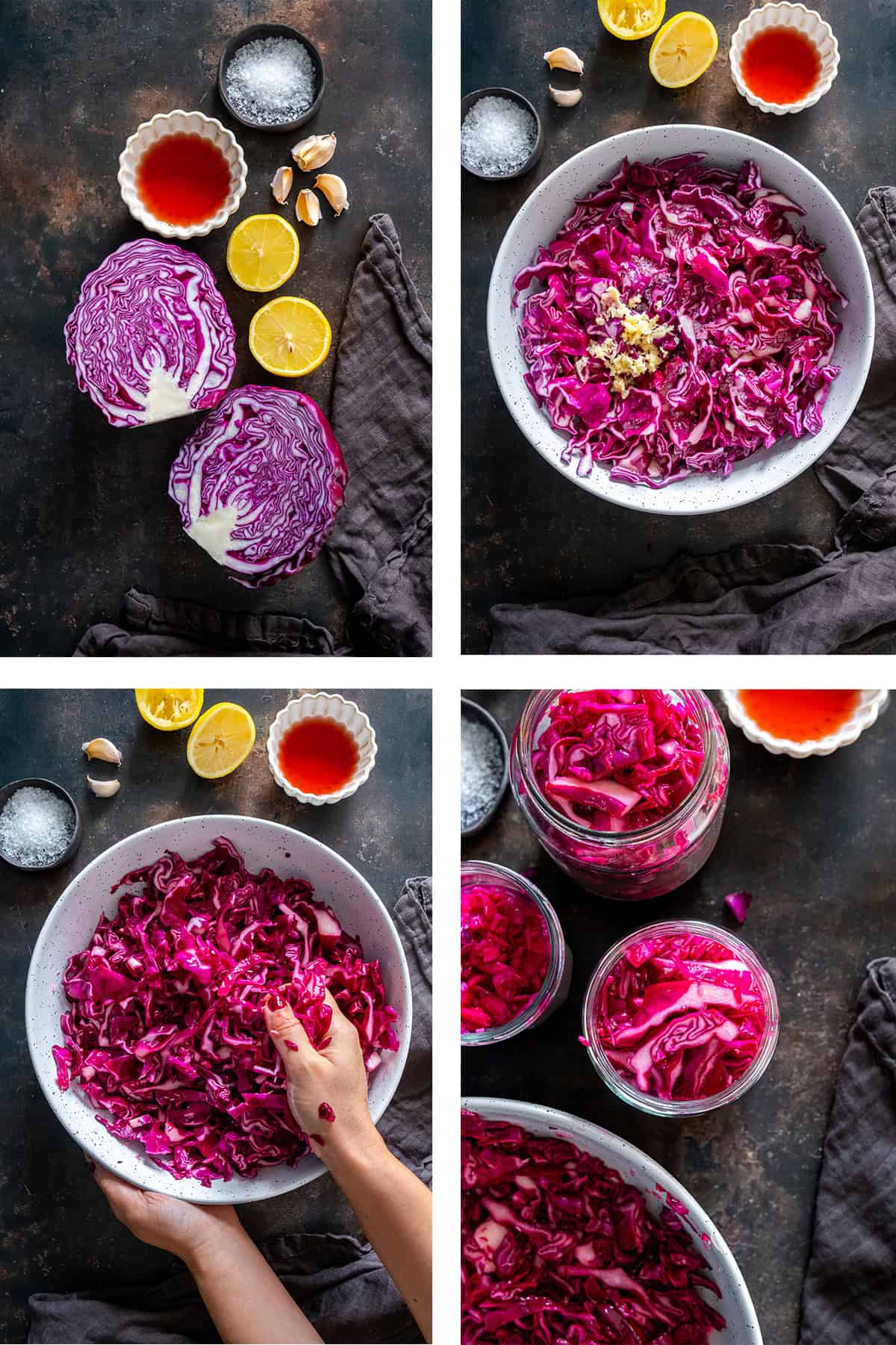 Collage showing four steps for making Turkish pickled red cabbage, from the ingredients to massaging and packing the cabbage into jars.