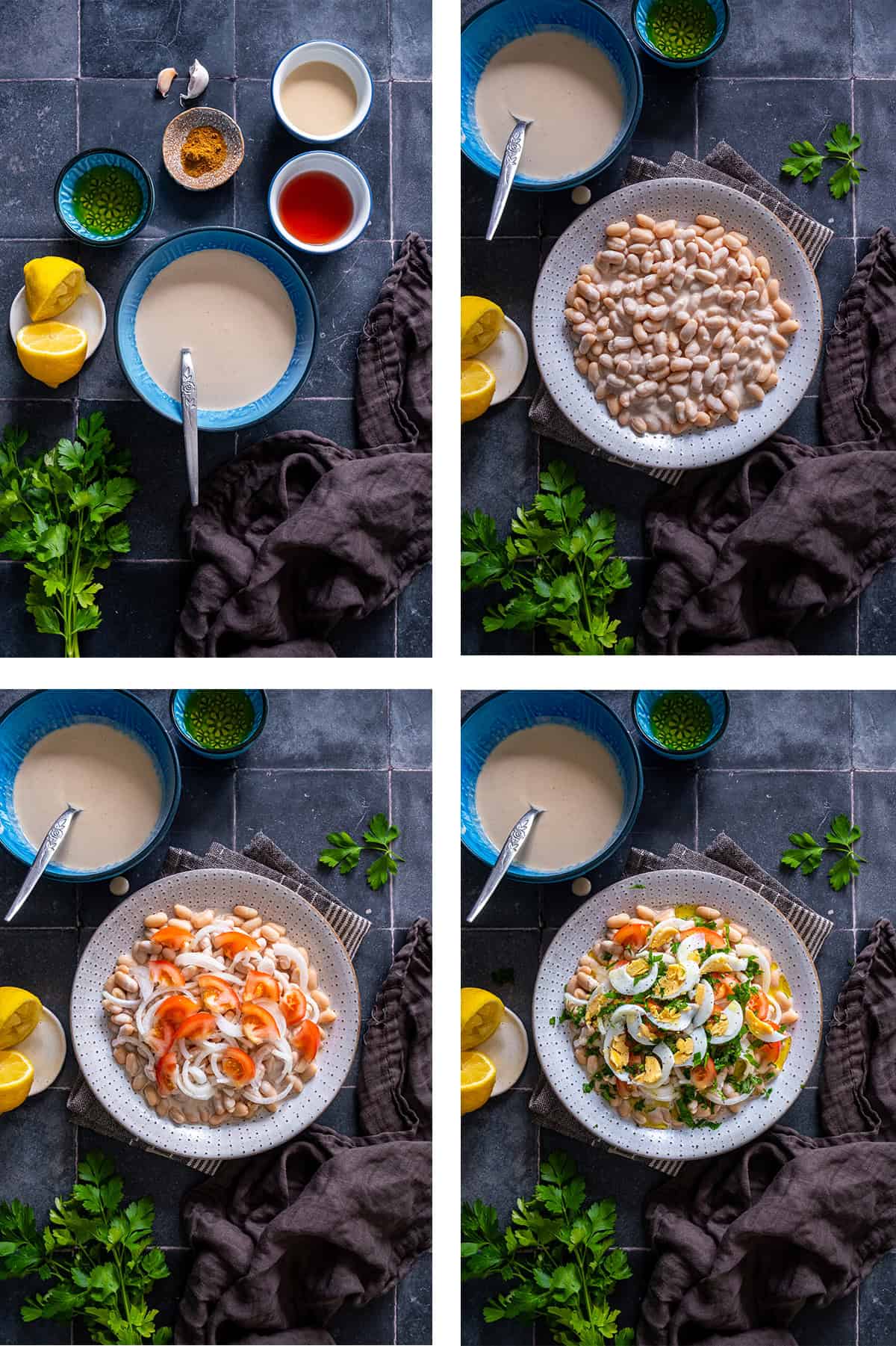 Four-step collage showing how to make Antalya piyazi: preparing the creamy tahini dressing, coating cannellini beans with the sauce, adding onions and tomatoes, and topping with hard-boiled eggs and parsley.