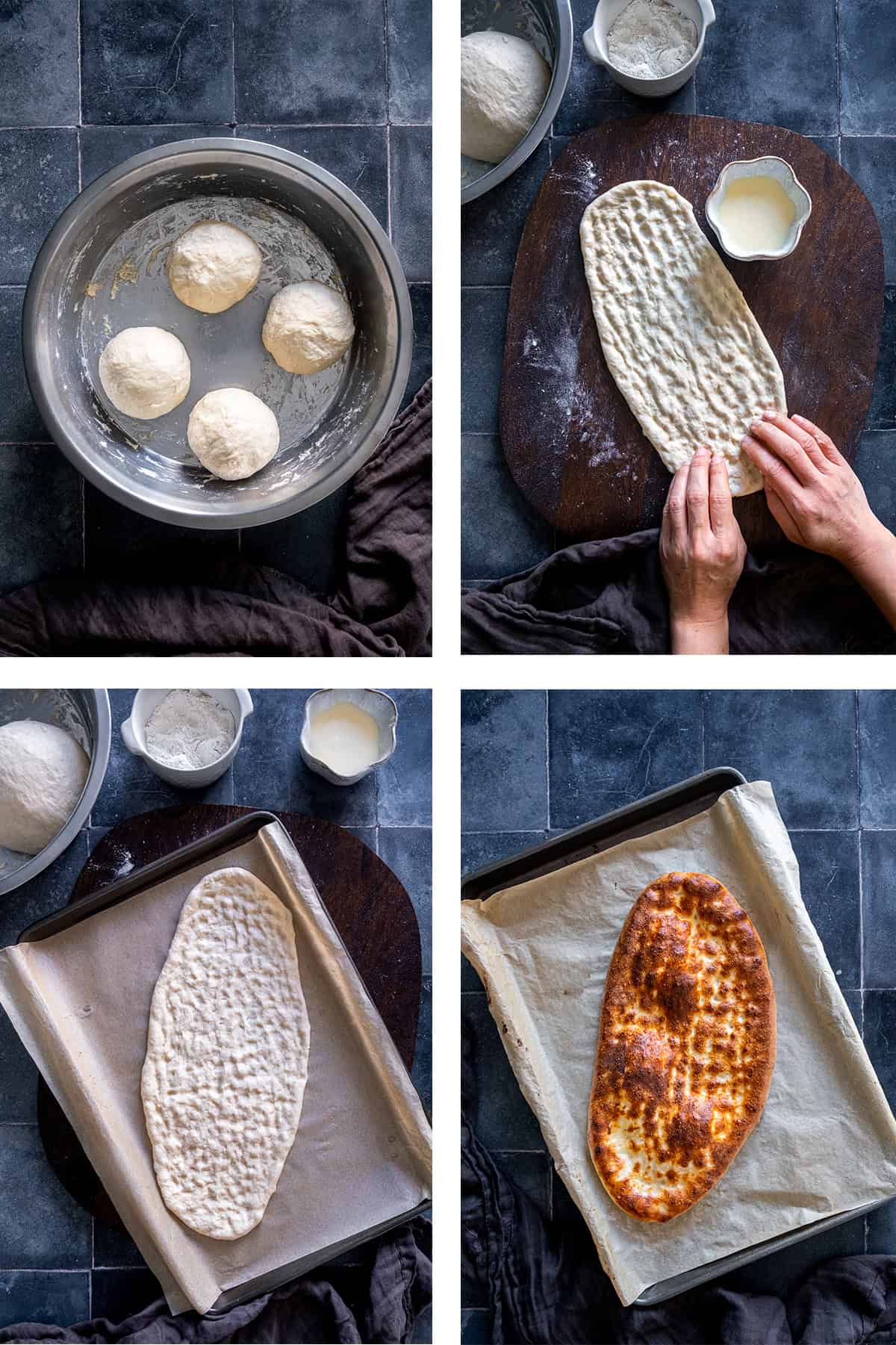 Four-step collage showing tirnak pide dough divided into balls, shaped with a fingertip pattern, placed on a baking sheet and baked until golden brown.